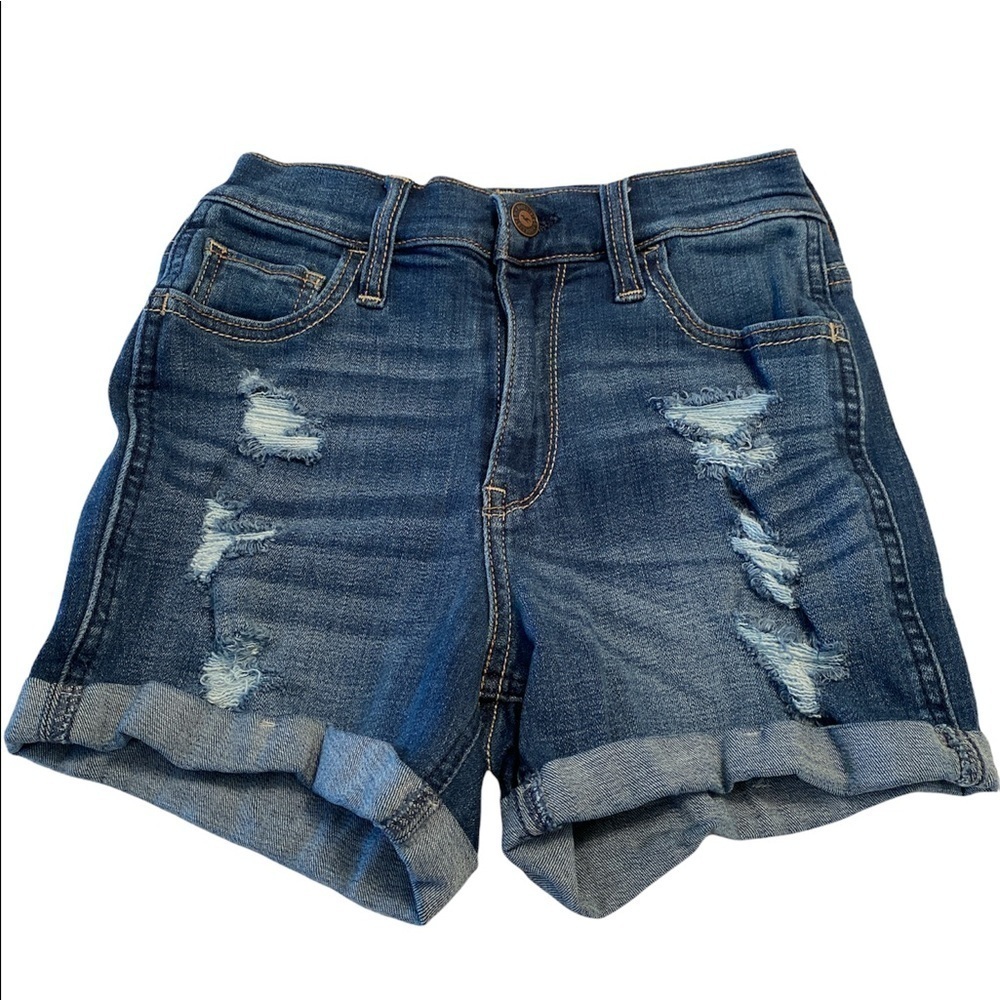 Hollister denim shorts high rise distressed rolled cuff size 00 waist 23
